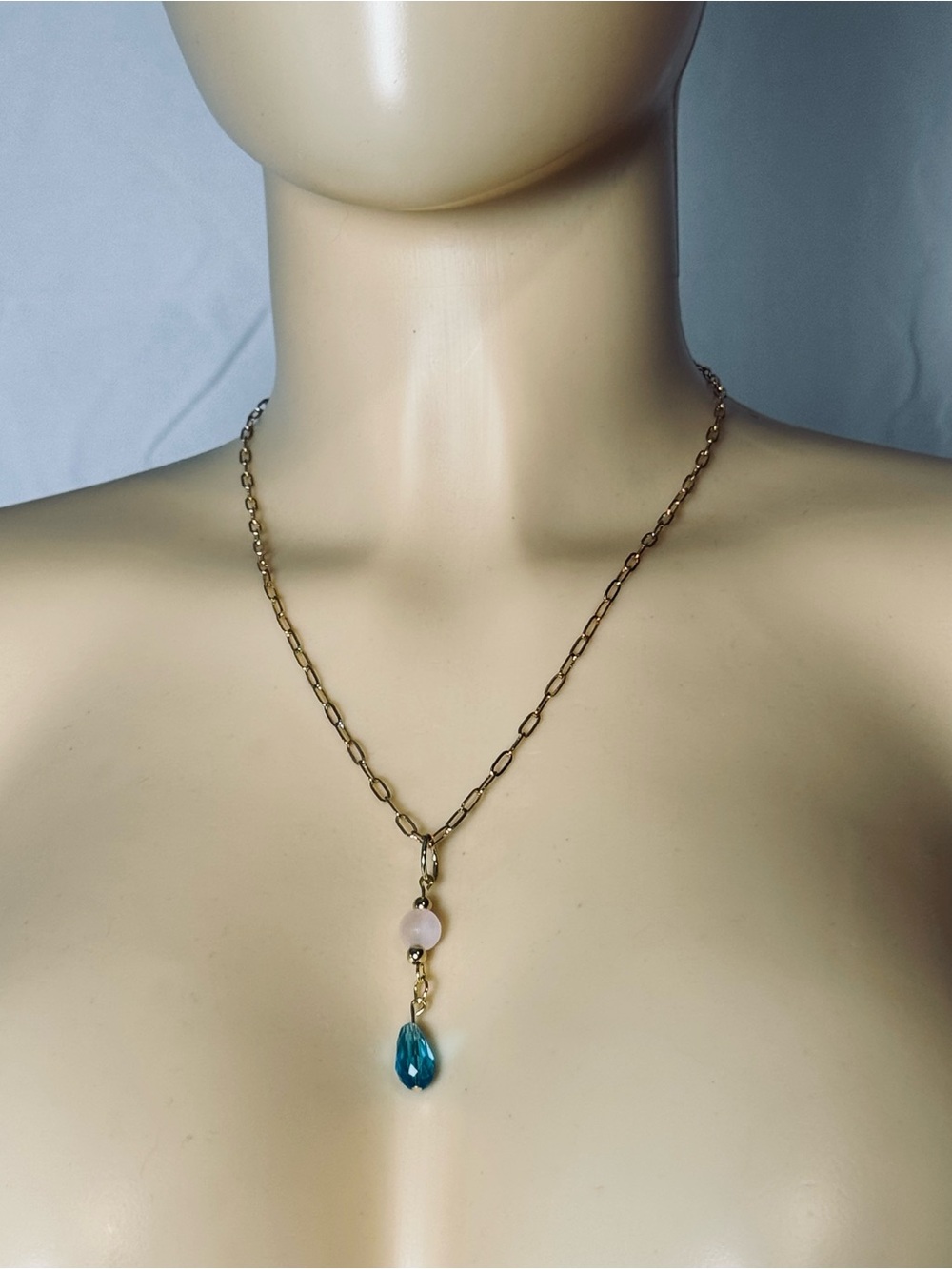 Gold-Tone Necklace with Pink Bead and Teal Blue Drop Pendant